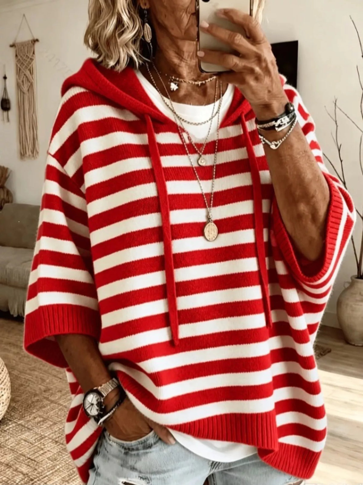 Striped Hooded Knit Sweater in Multicolor