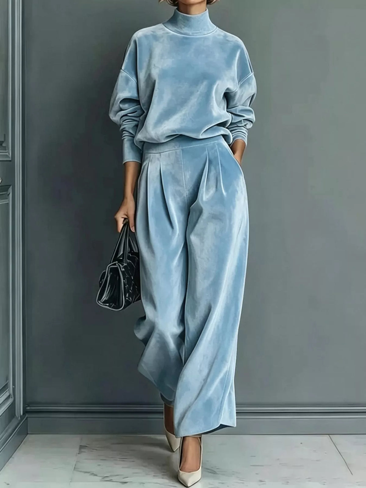 Women's Velvet Mock Neck Top & Wide-Leg Pants Set – view 7