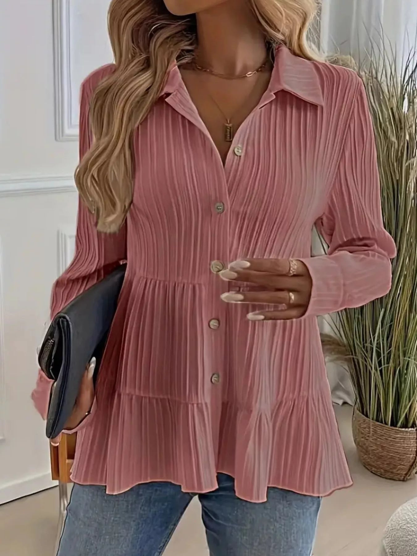 Button-Down Long Sleeve Tiered Shirt  Shop One Place