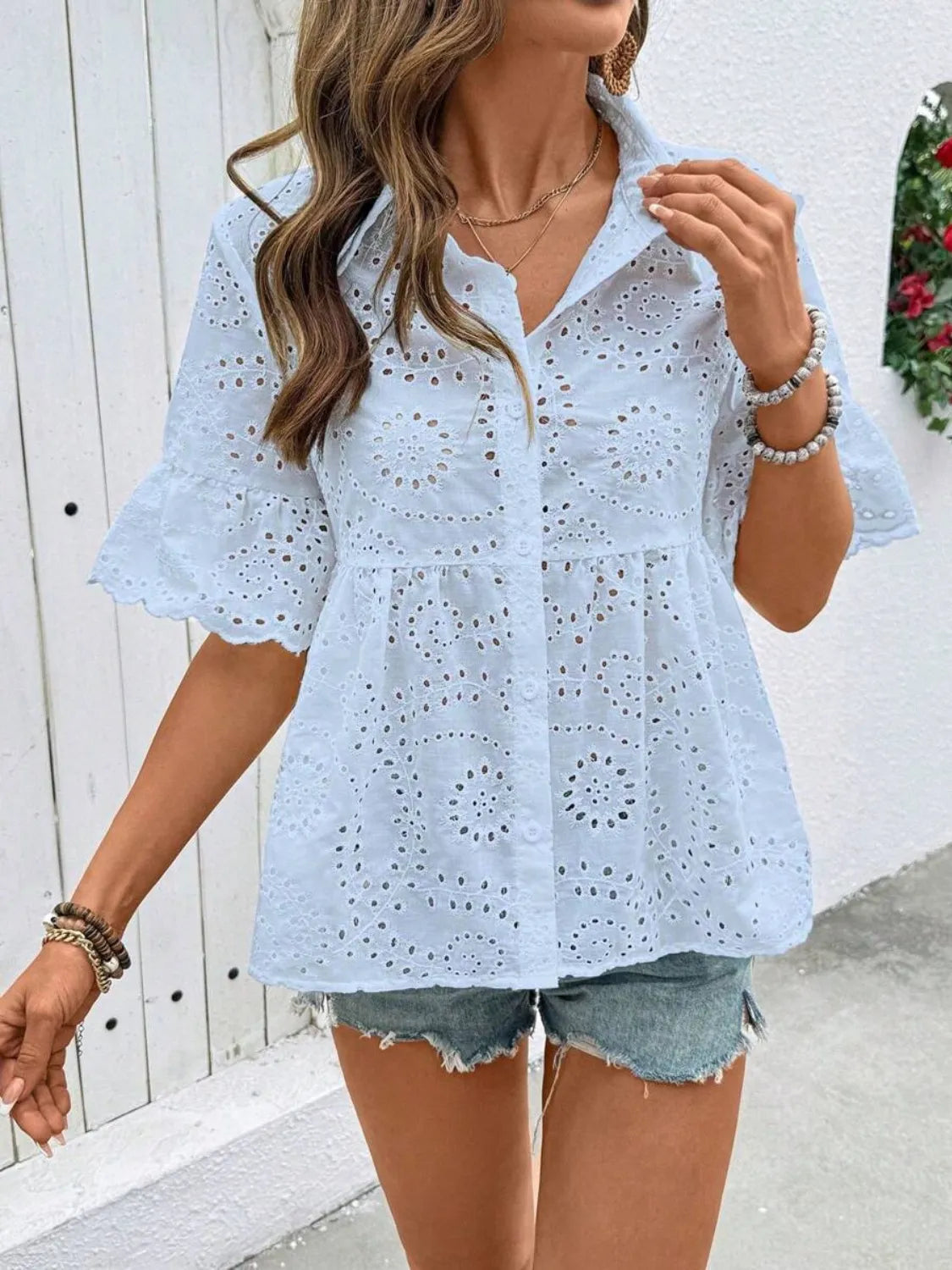 Eyelet Solid Collared Neck Half Sleeve Shirt  Shop One Place