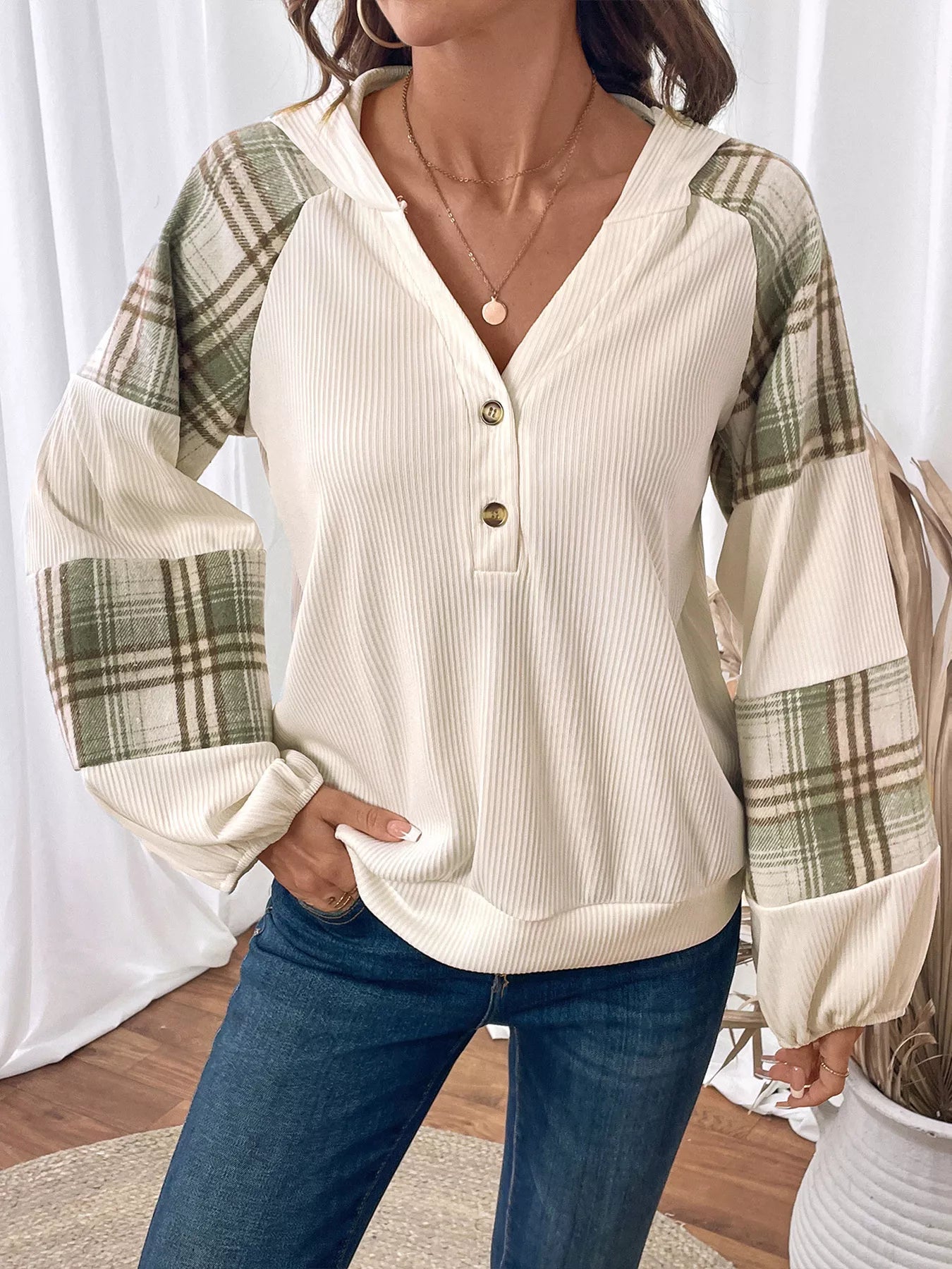 Plaid V-Neck Button Front Sweatshirt  Shop One Place