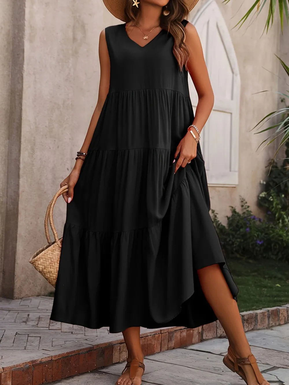 Tiered V-Neck Sleeveless Dress  Shop One Place