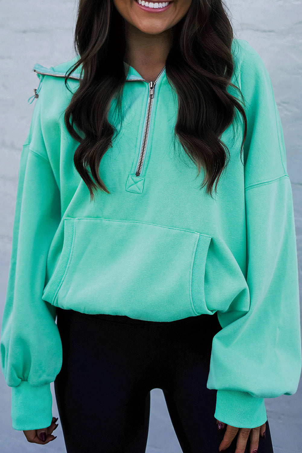 Mint Green Pocket Loose Half Zip Hoodie