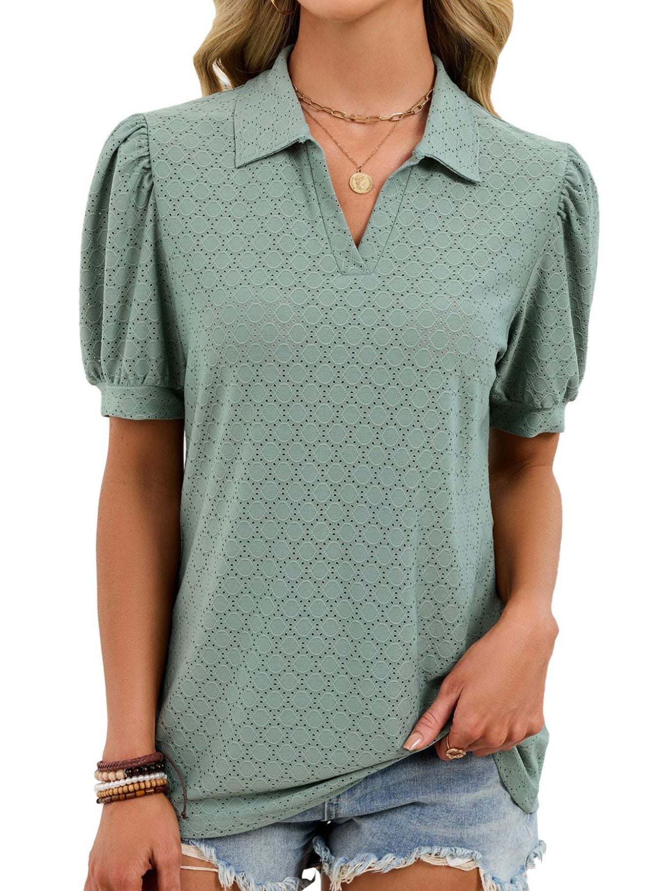 Eyelet Johnny Collar Puff Sleeve Top  Shop One Place