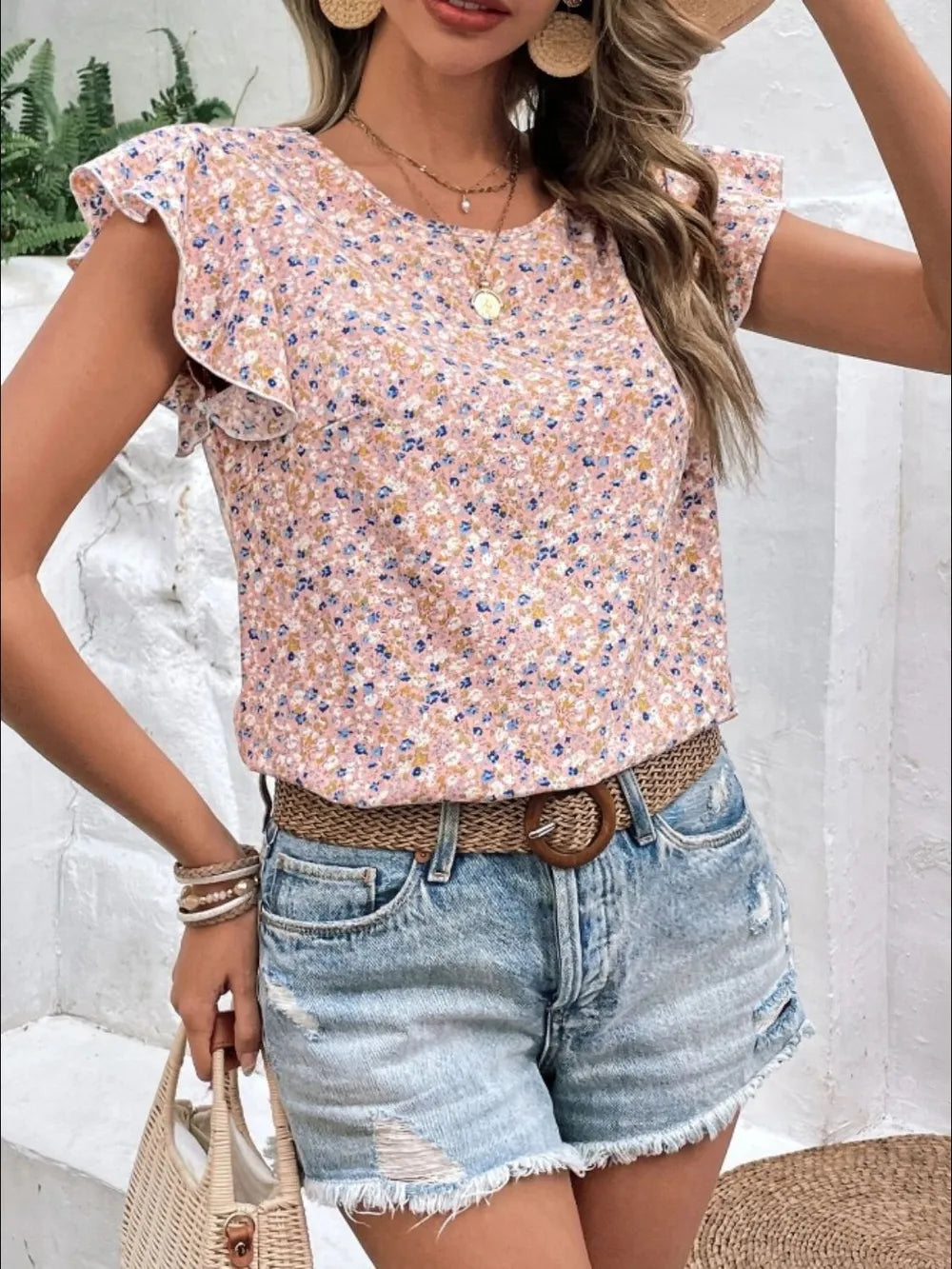 Ditsy Floral Round Neck Cap Sleeve Top  Shop One Place