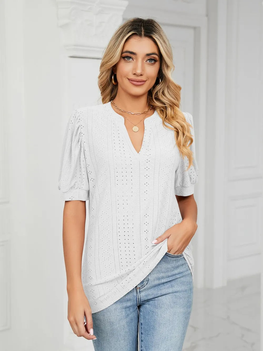 Florira Eyelet Notched Short Sleeve T-Shirt  Shop One Place