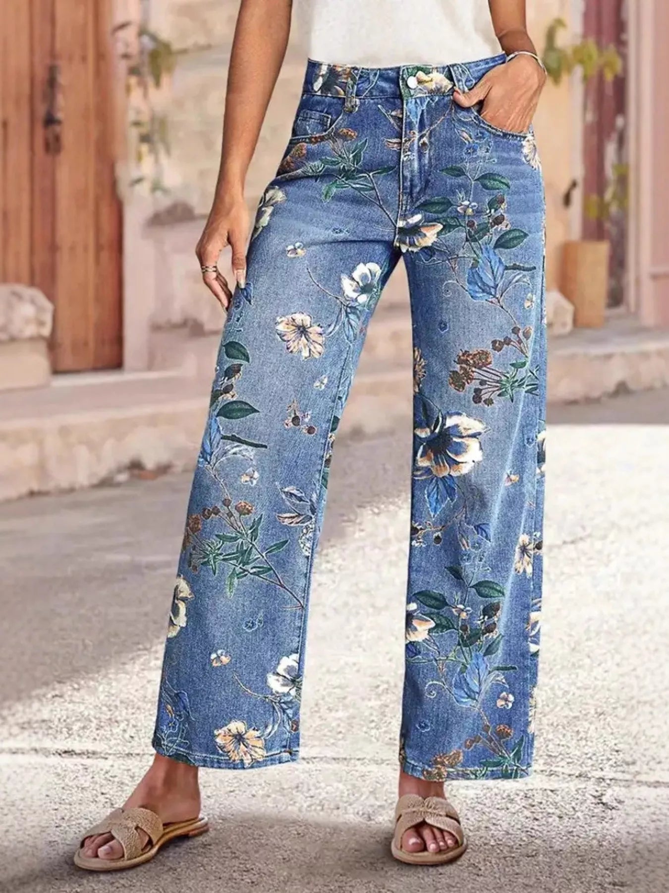Floral Print Wide Leg Jeans  Shop One Place