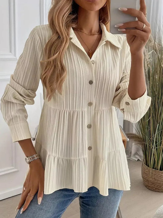 Button-Down Long Sleeve Tiered Shirt  Shop One Place