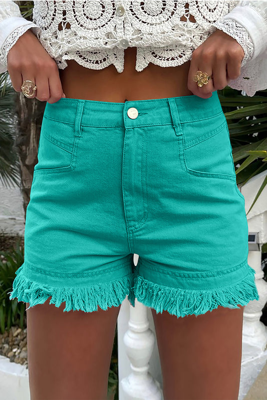 Turquoise Raw Hem Mid Rise Denim Shorts