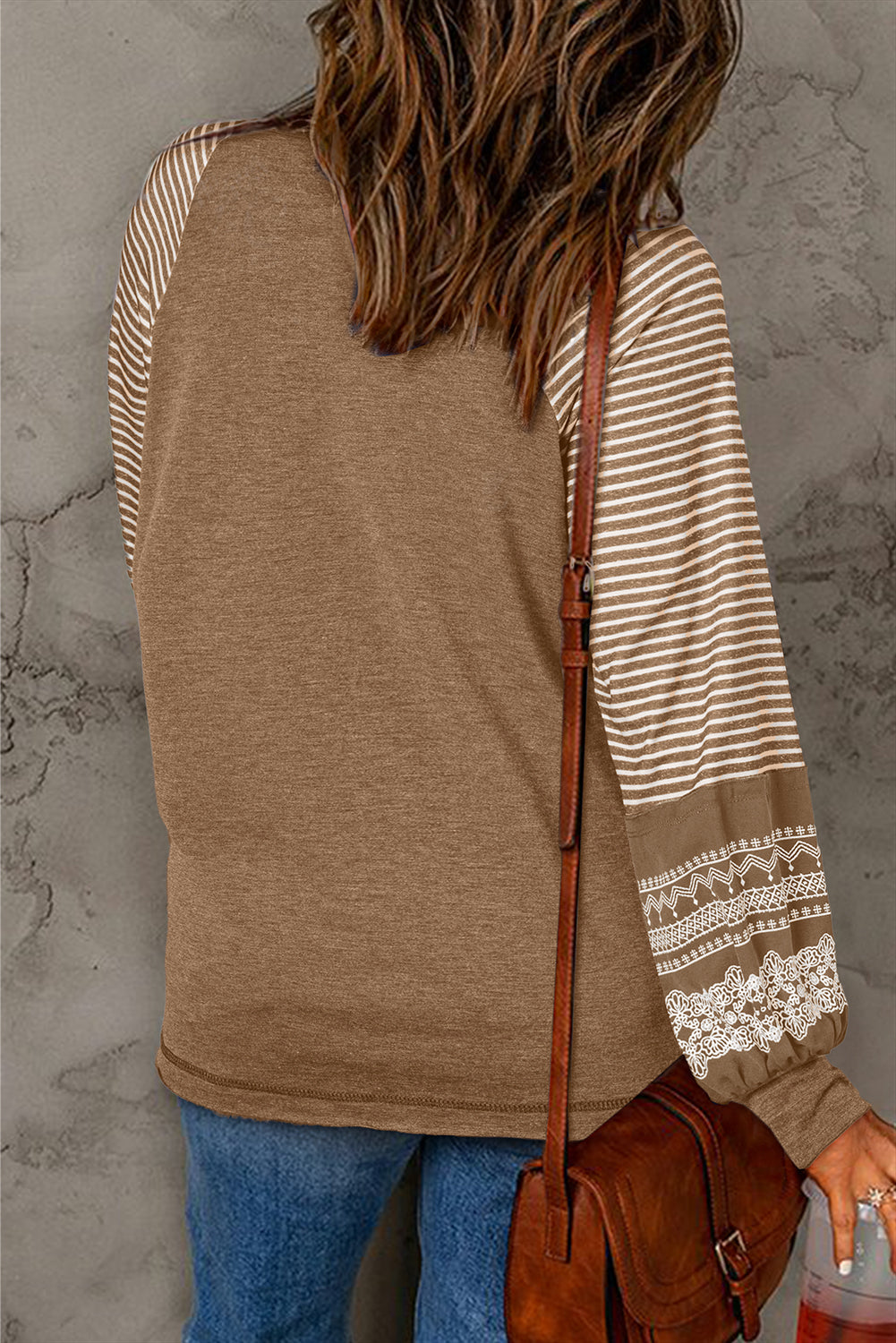 Gray Contrast Print Striped Raglan Long Sleeve Loose Top  Shop One Place