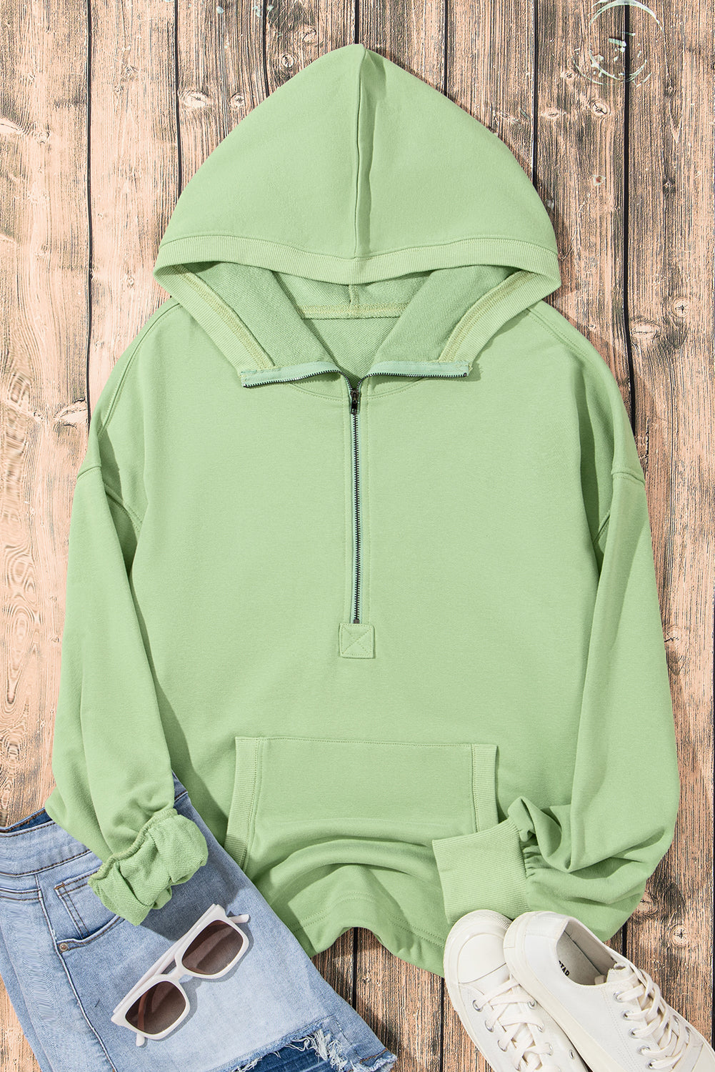 Moss Green Kangaroo Pocket Half Zipper Oversized Hoodie