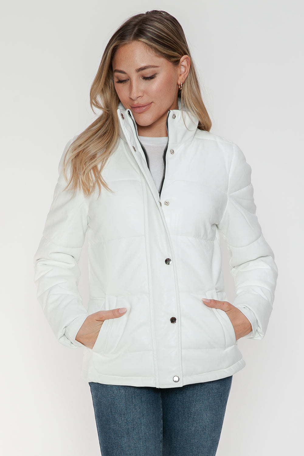 White YMI Pocketed Zip Up Turtleneck Puffer Jacket