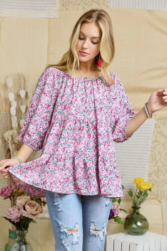 ADORA Elasticized Round Necking Floral Print Tunic Top  Shop One Place