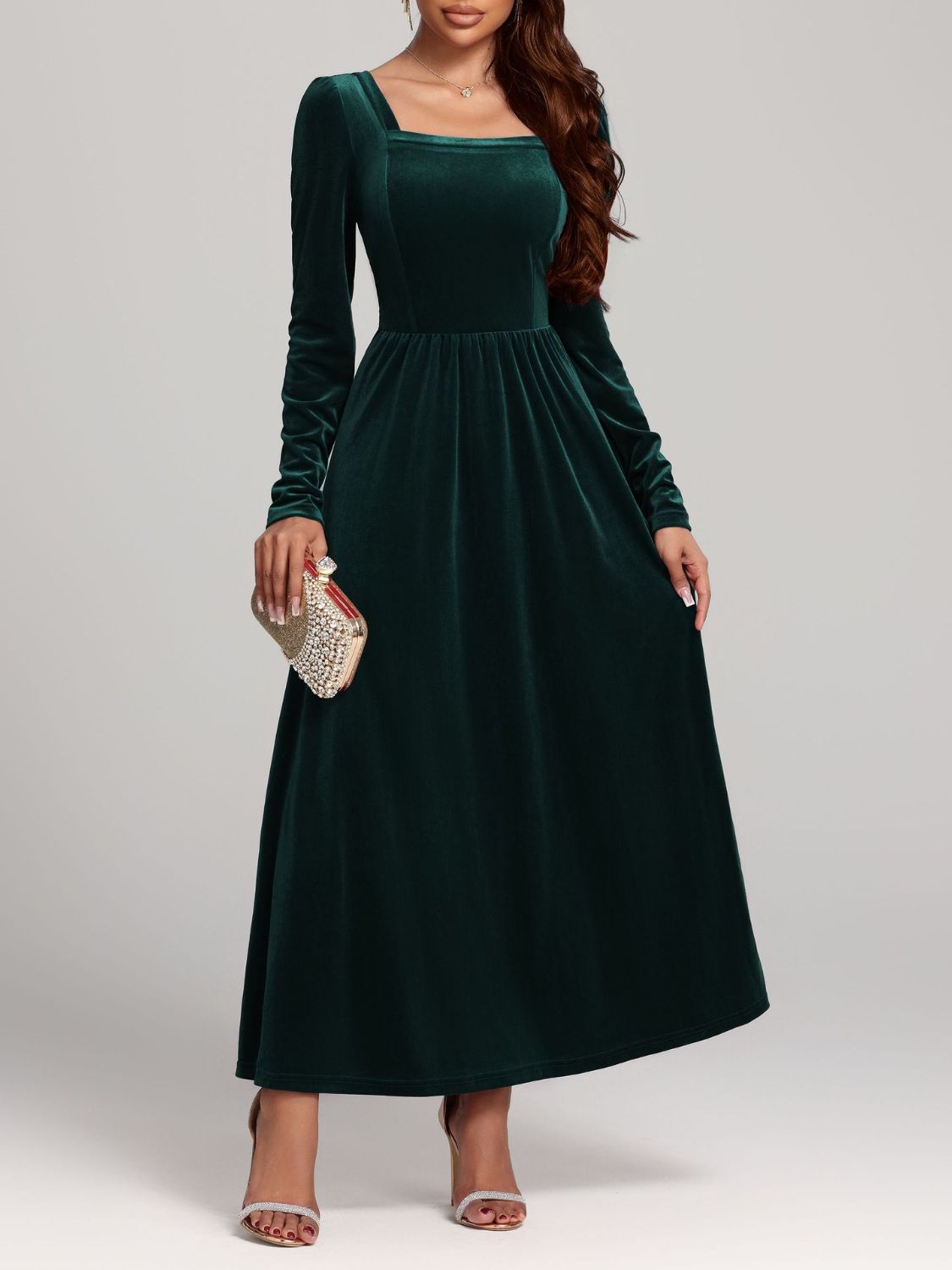 Velvet Square Neck Long Sleeve Dress  Shop One Place