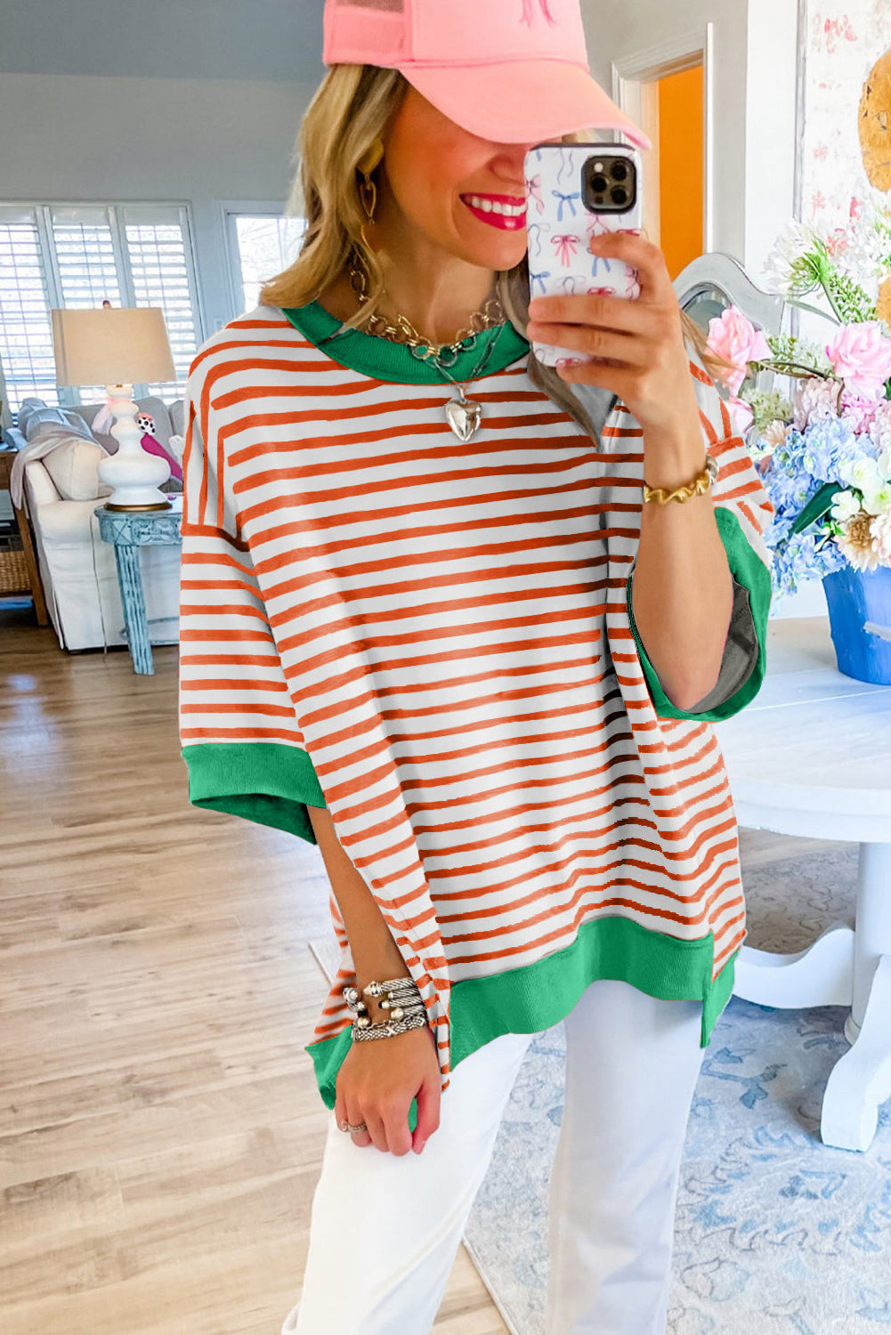 Stripe Colorblock Drop Sleeve Oversized T Shirt