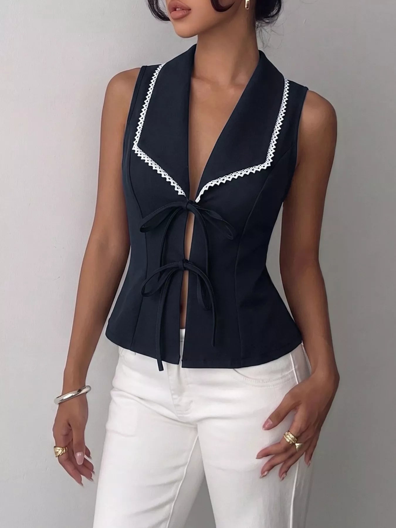 Lace Trim Tie-Front Vest  Shop One Place