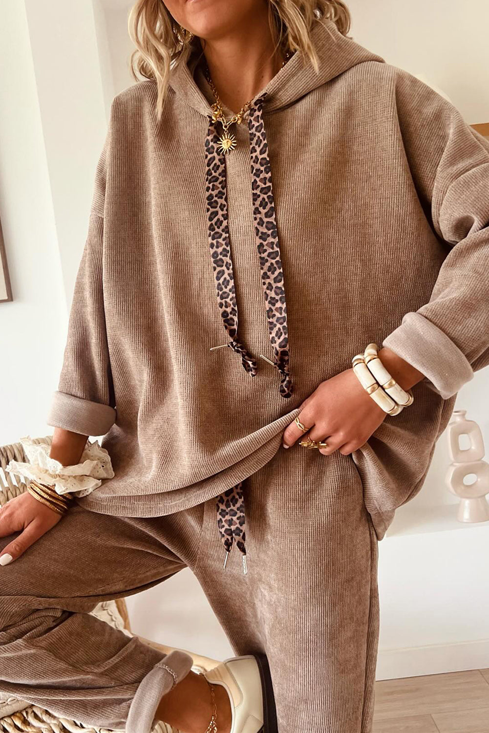 Jet Stream Drawstring Pullover Hoodie and High Waist Pants Corduroy Suit  Shop One Place