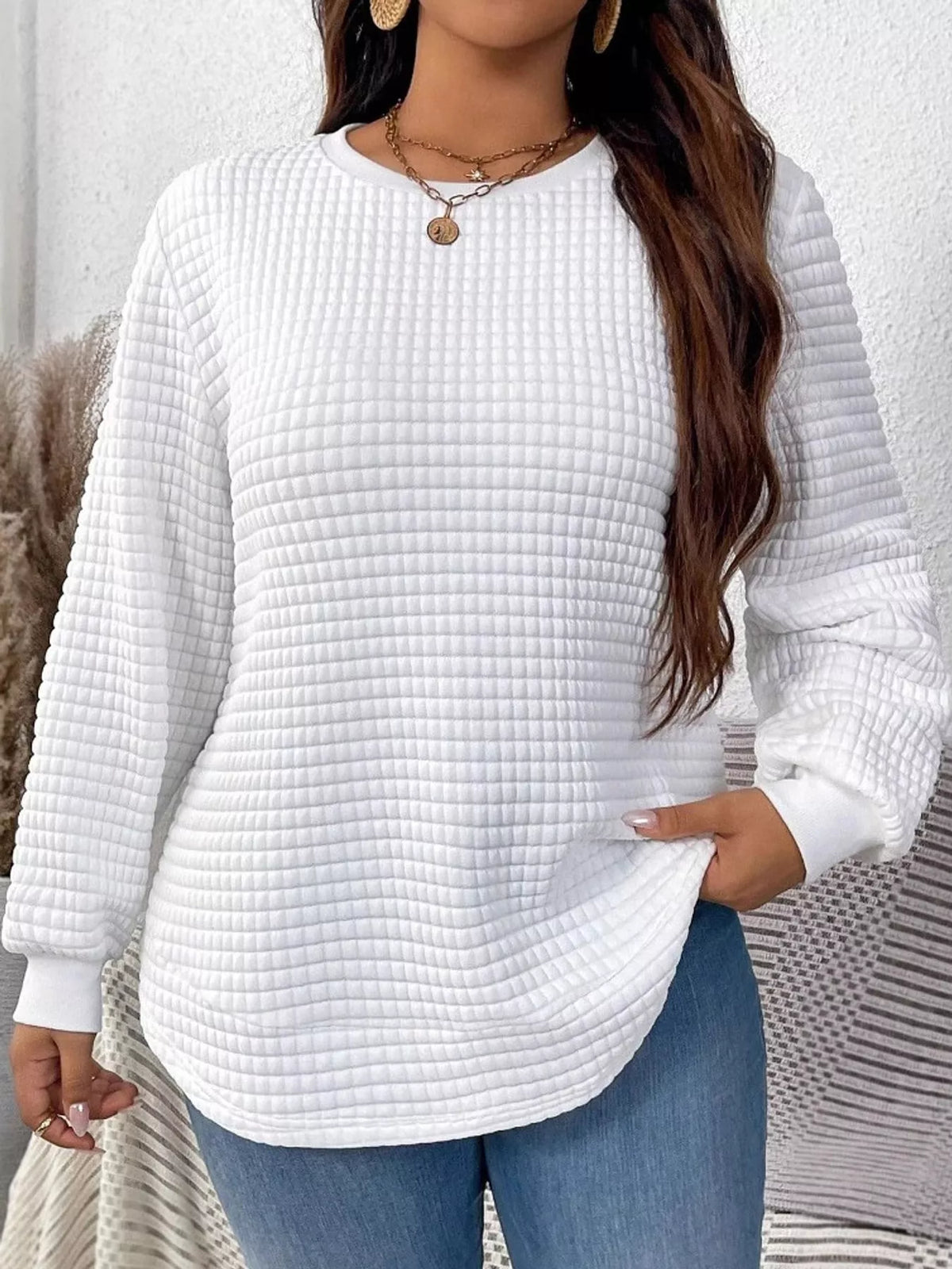 Women's Plus Size Waffle Knit Crew Neck Sweatshirt