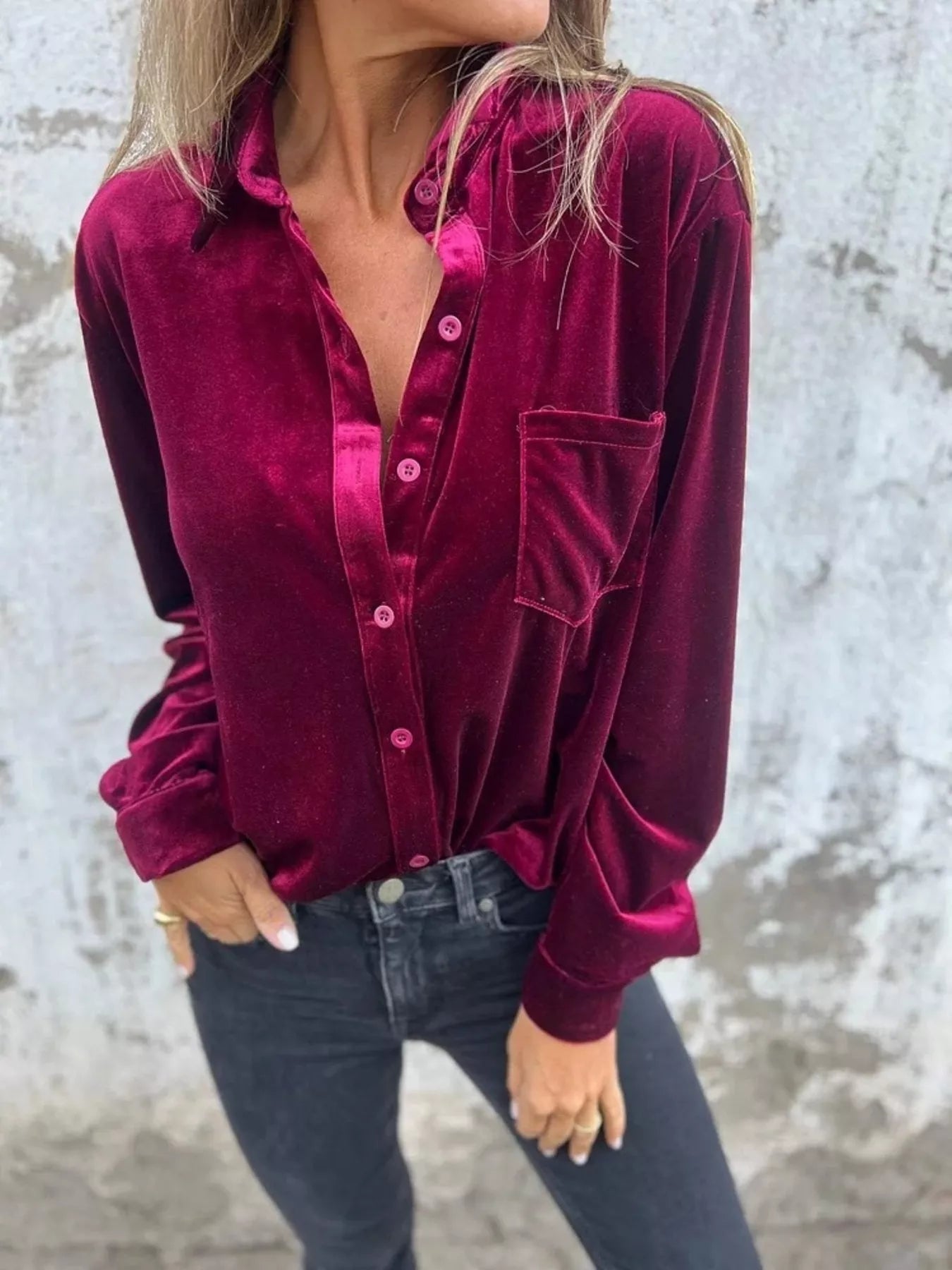 Full Size Velvet Button-Up Long Sleeve Shirt Plus Size  Shop One Place