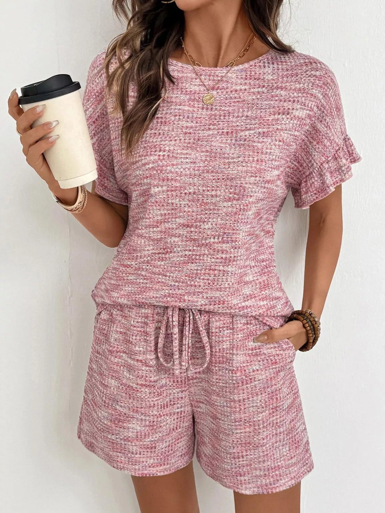 Ruffle Sleeve Textured Top and Shorts Set  Shop One Place