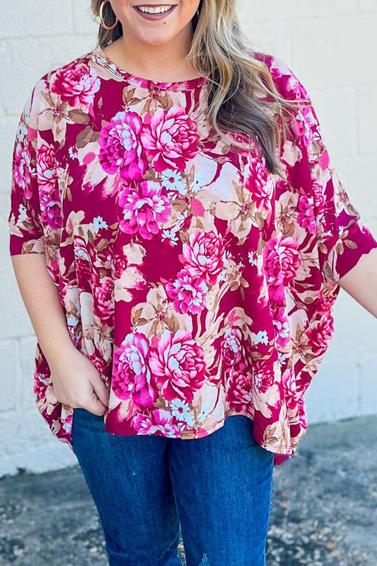 Red Plus Size Floral Print Half Sleeve Blouse