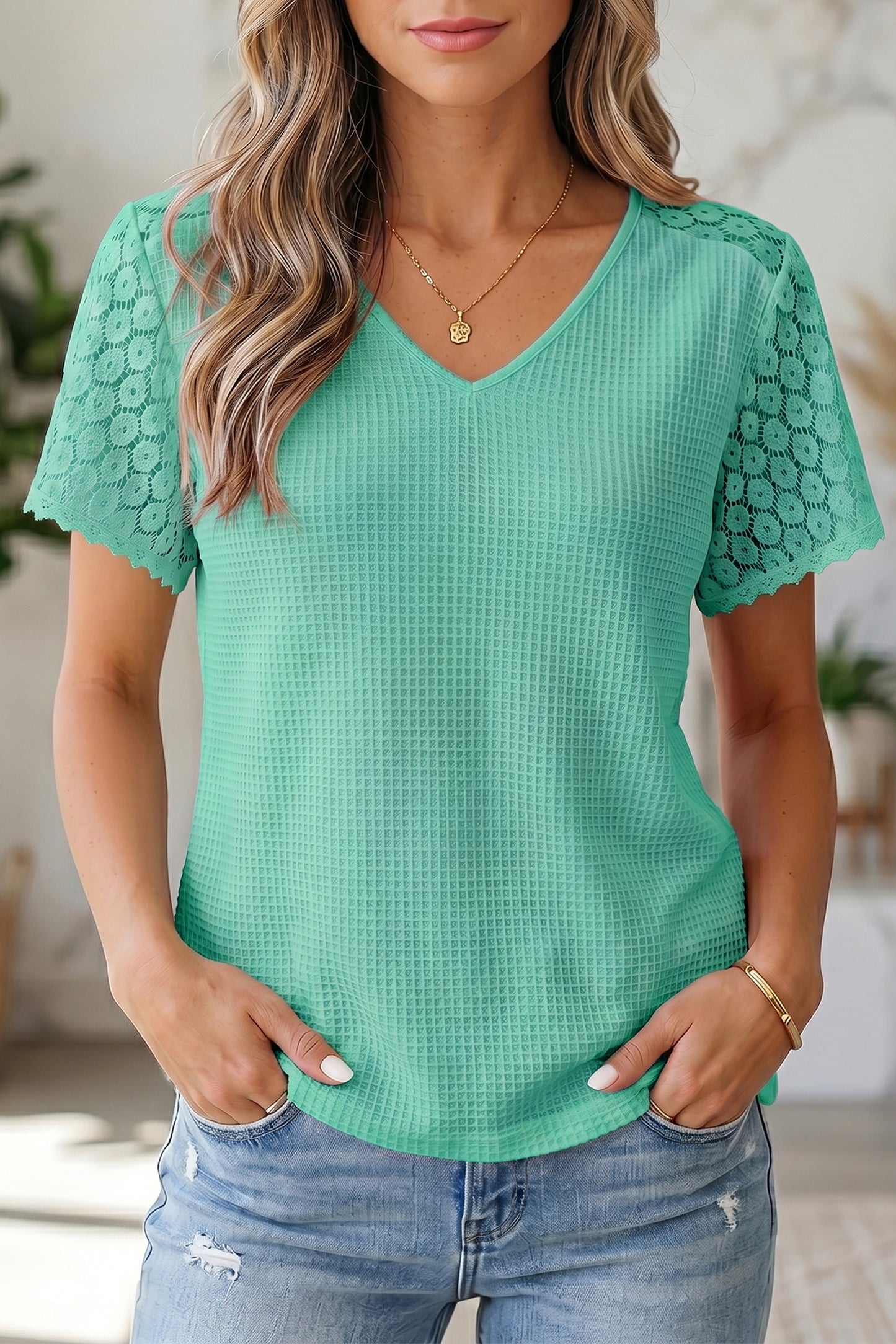 Pink Lace Splicing Button Cutout V Neck Waffle Knit Blouse  Shop One Place
