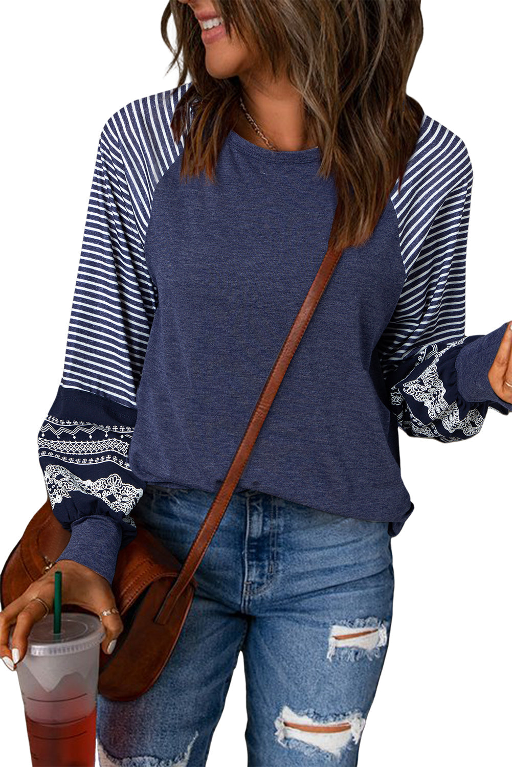 Contrast Print Striped Raglan Long Sleeve Loose Top  Shop One Place