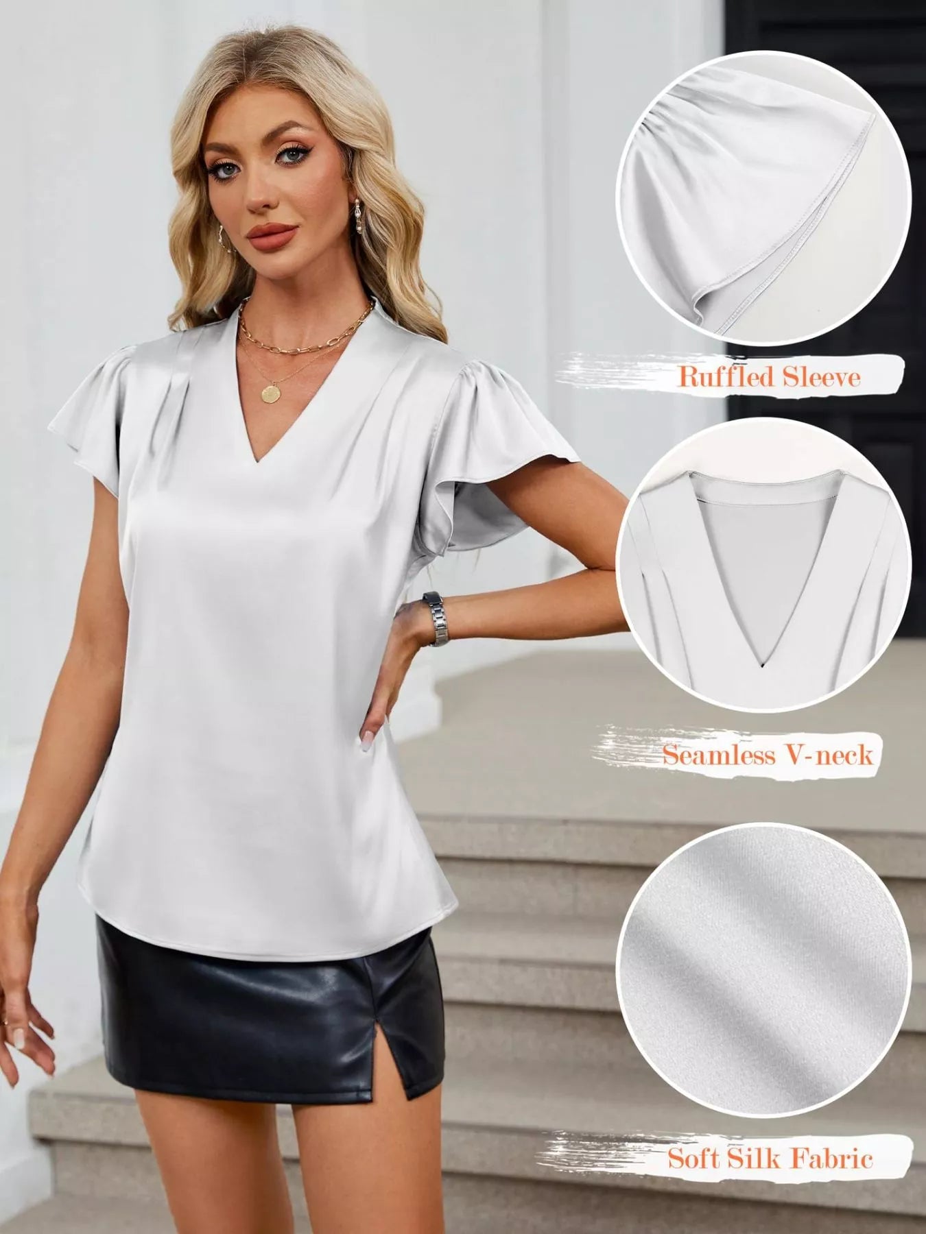 Satin V-Neck Flutter Sleeve Blouse  Shop One Place