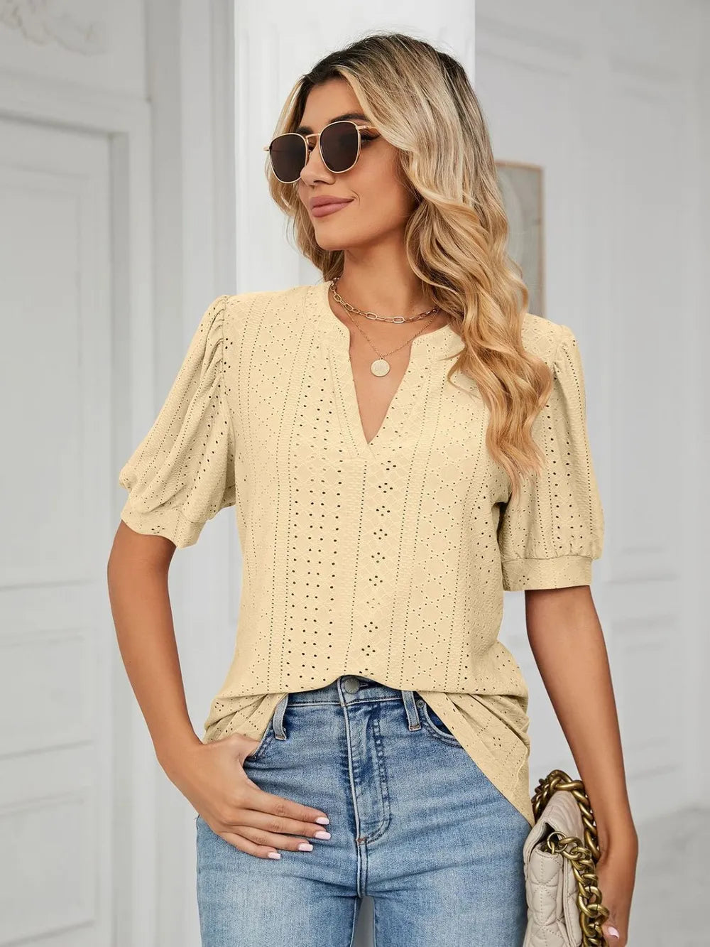 Florira Eyelet Notched Short Sleeve T-Shirt  Shop One Place