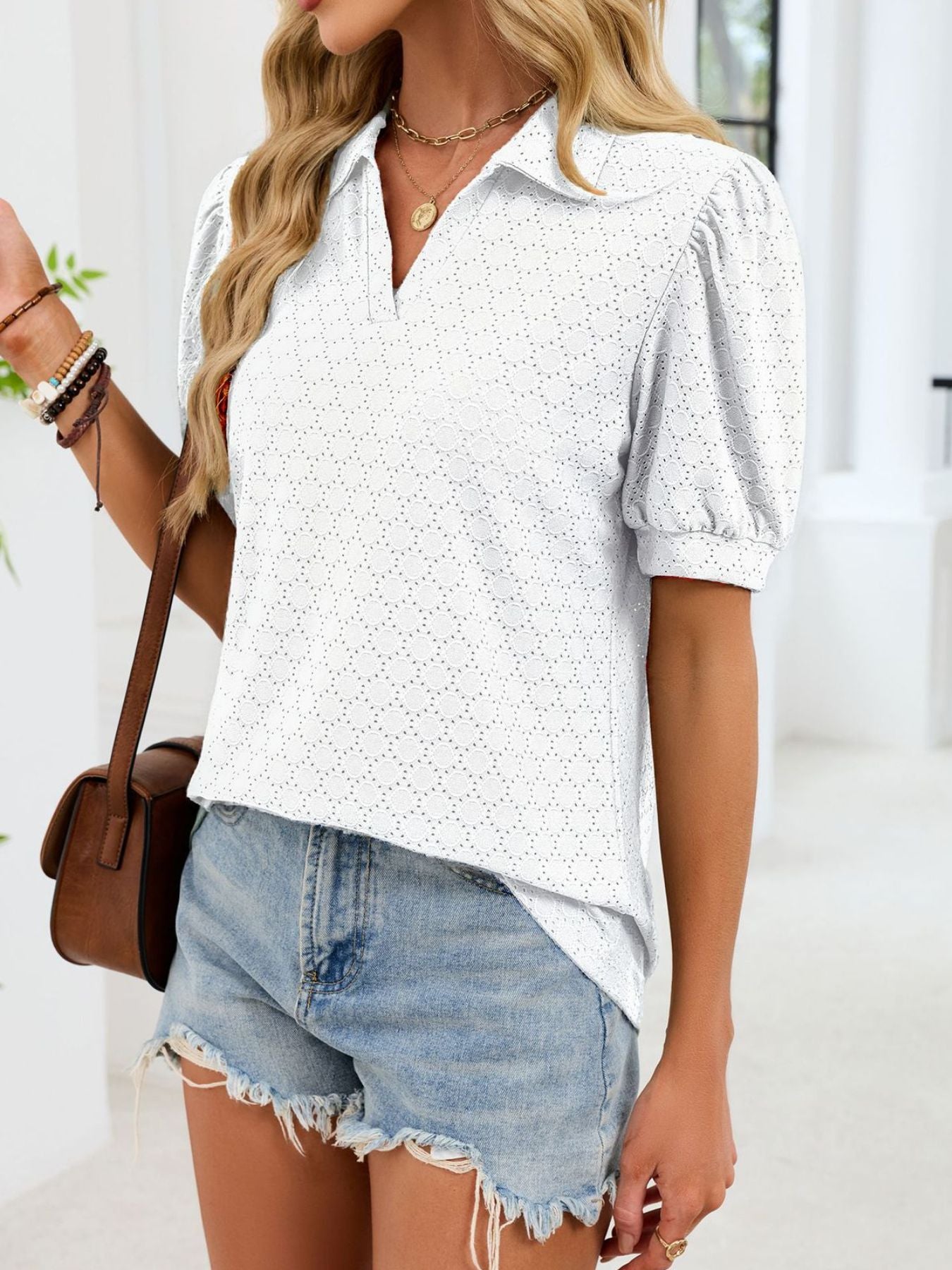Eyelet Johnny Collar Puff Sleeve Top  Shop One Place