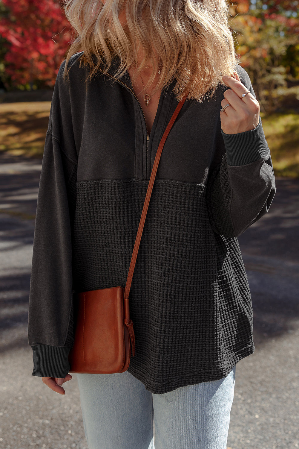 Carbon Grey Waffle Knit Patchwork Half Zipped Casual Sweatshirt  Shop One Place