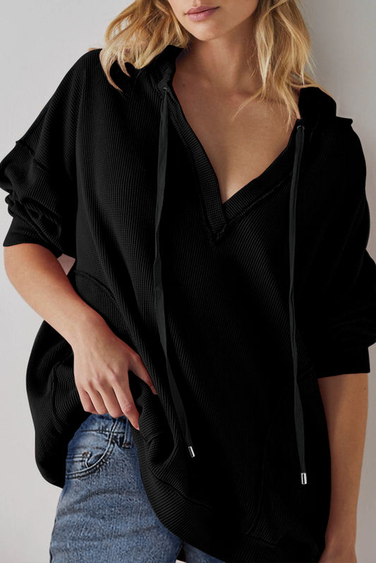 Black Oversize Waffle Drop Shoulder Exposed Seam V Neck Hoodie  Shop One Place