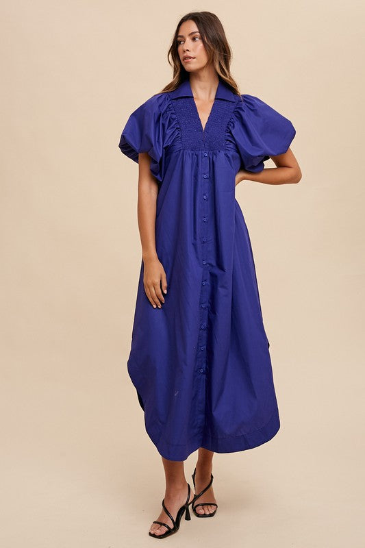 Navy Annie Wear Smocked Puff Sleeve Midi Dress