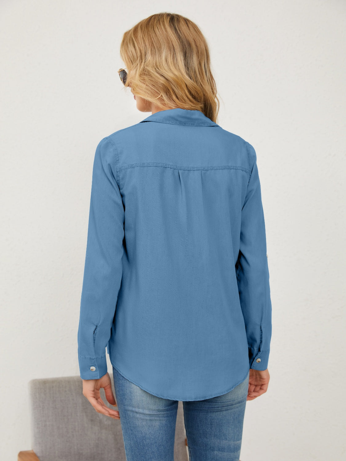 Pocketed Button Up Long Sleeve Denim Shirt