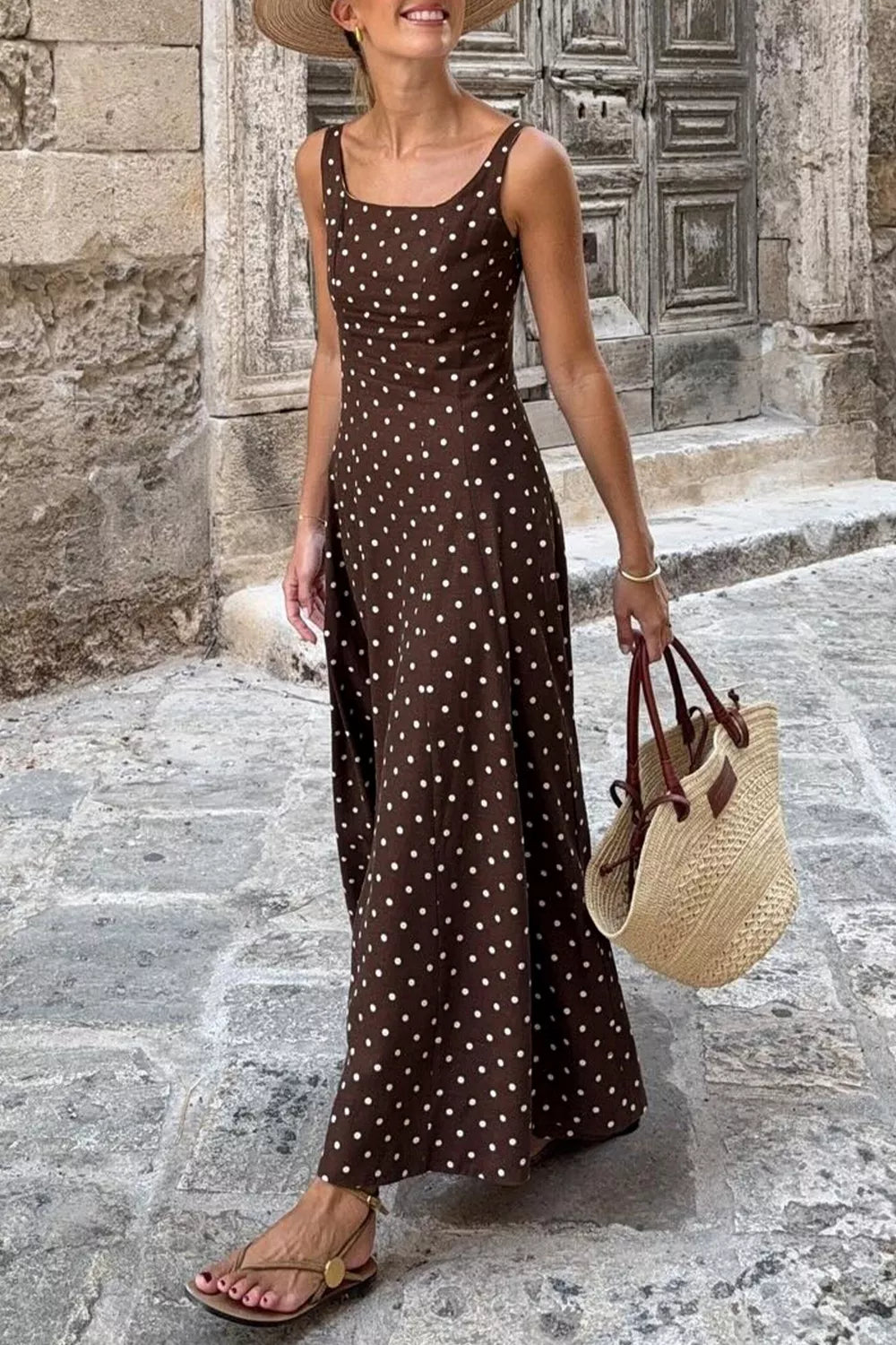 Polka Dot Print Square Neck Sleeveless Vacation Maxi Dress  Shop One Place