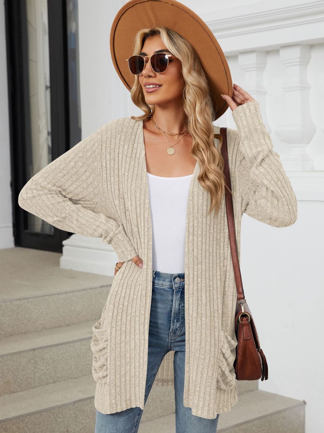 Pocketed Open Front Long Sleeve Cardigan  Shop One Place