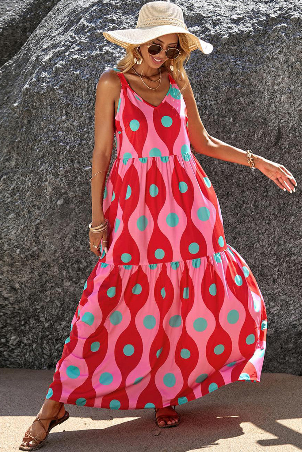 Red Abstract Dot Print Tiered Tank Maxi Dress