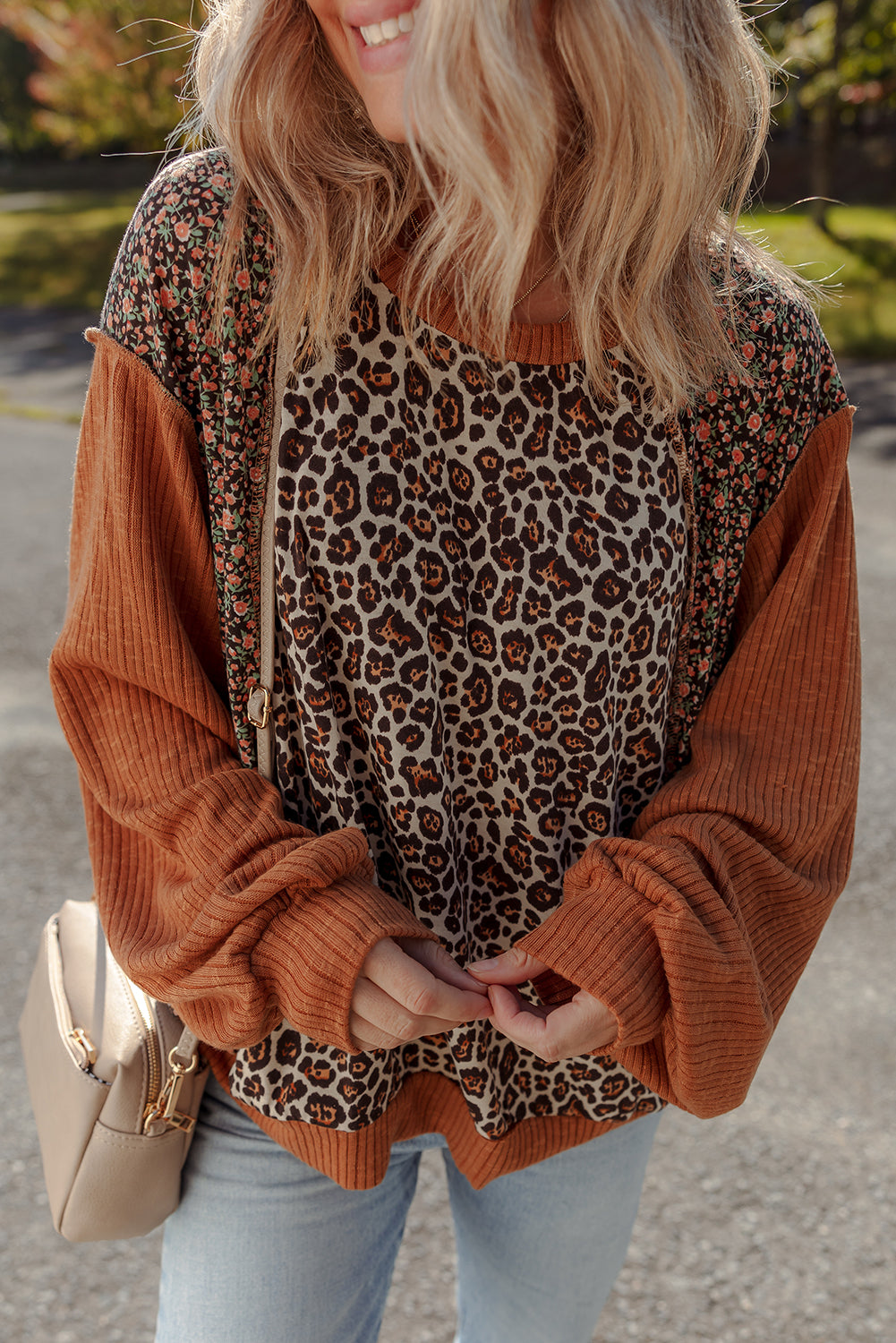 Brown Leopard Floral Print Ribbed Patchwork Puff Sleeve Loose Pullover  Shop One Place