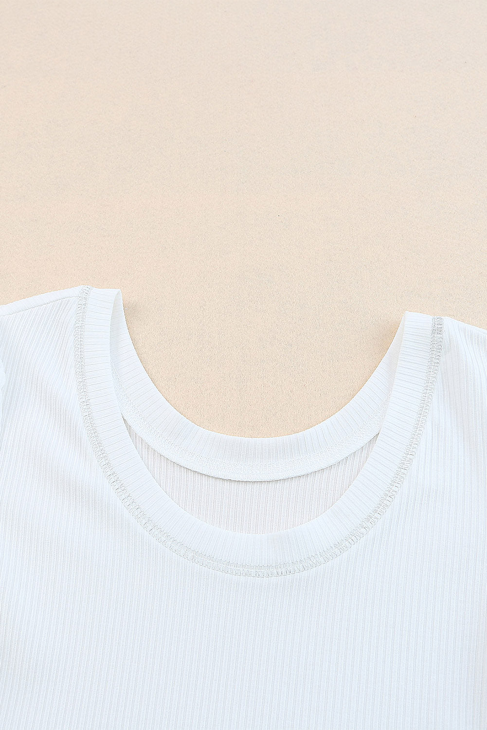 White Ribbed Knit Scoop Neck Half Sleeve Basic T Shirt