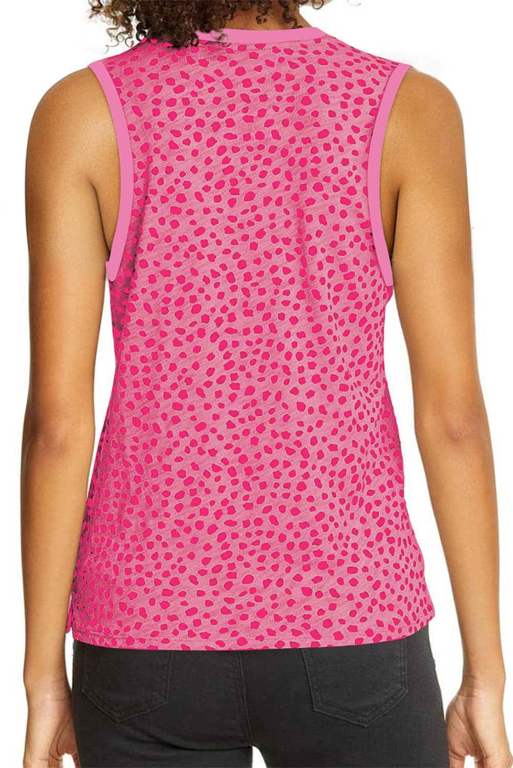 Red Leopard Trimmed Casual Round Neck Tank Top