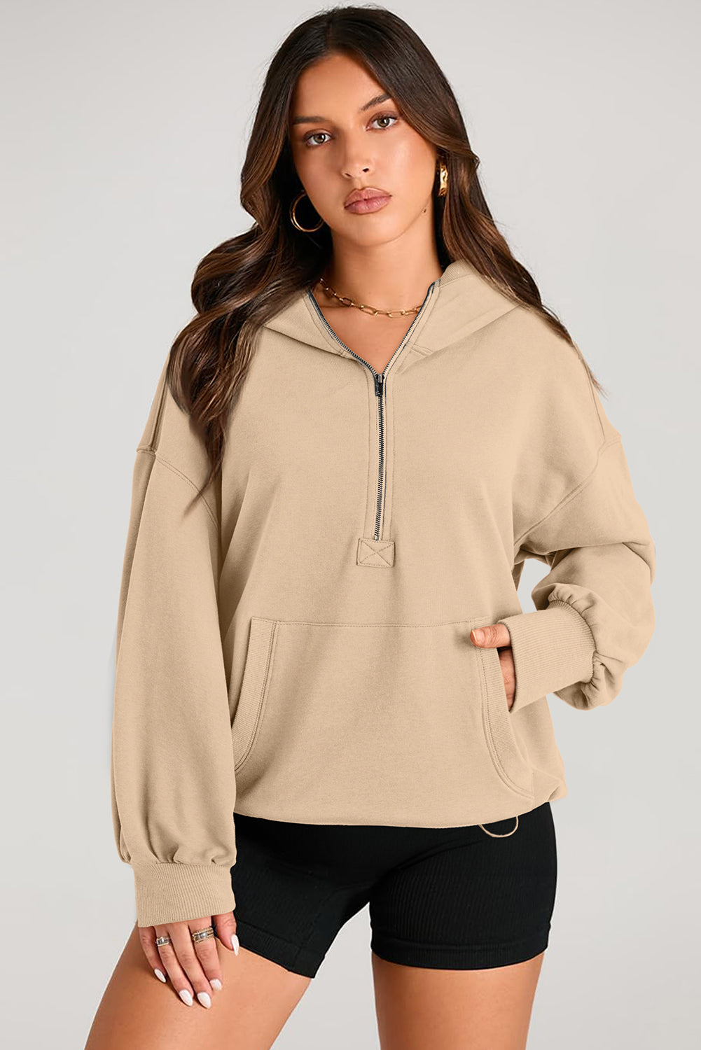 Moss Green Kangaroo Pocket Half Zipper Oversized Hoodie