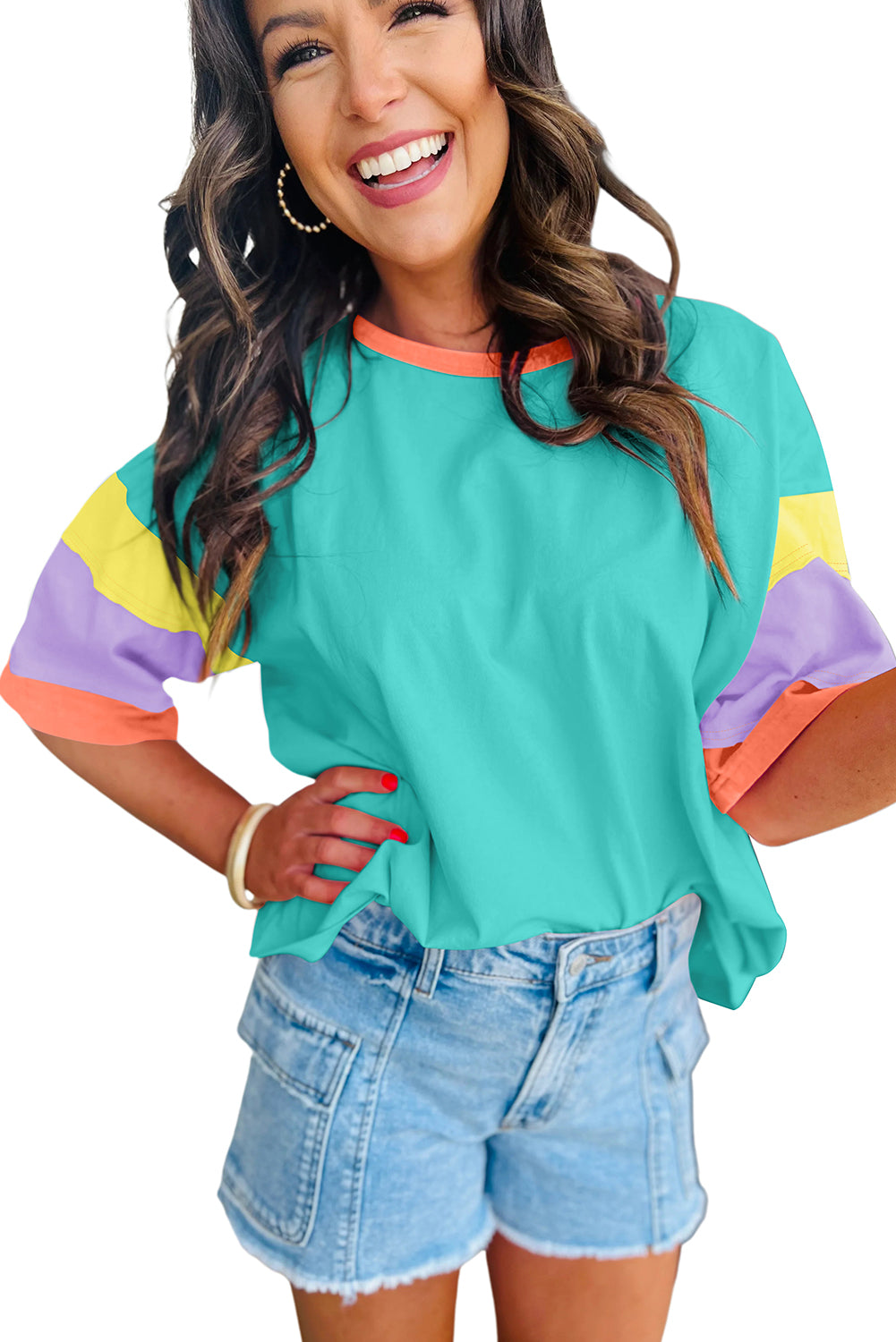 Green Color Block Sleeve Round Neck Oversize Top  Shop One Place