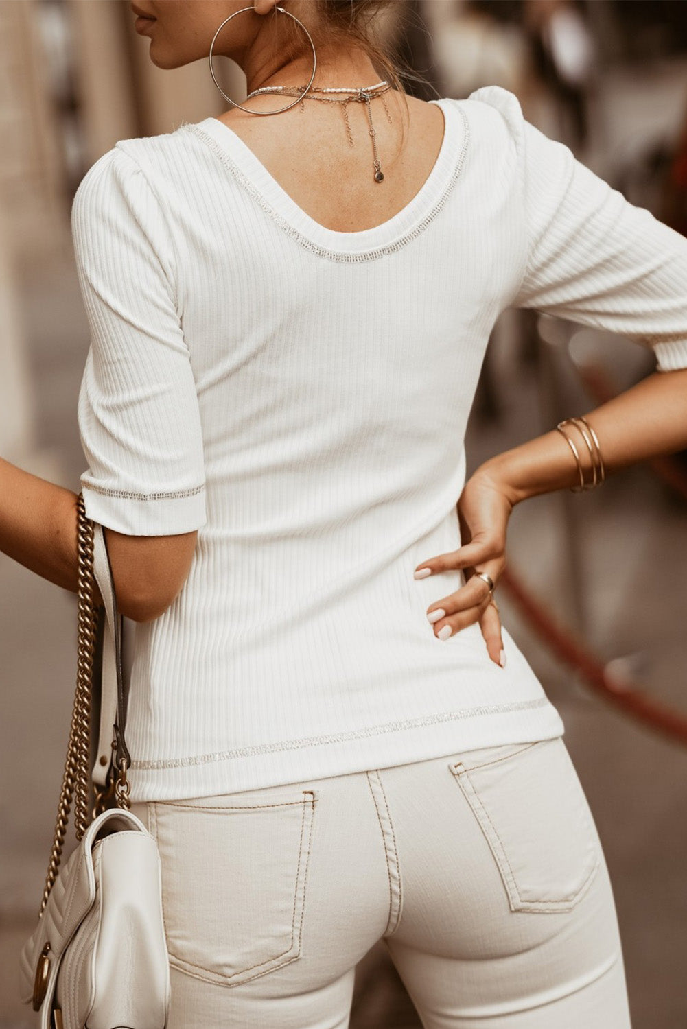 White Ribbed Knit Scoop Neck Half Sleeve Basic T Shirt