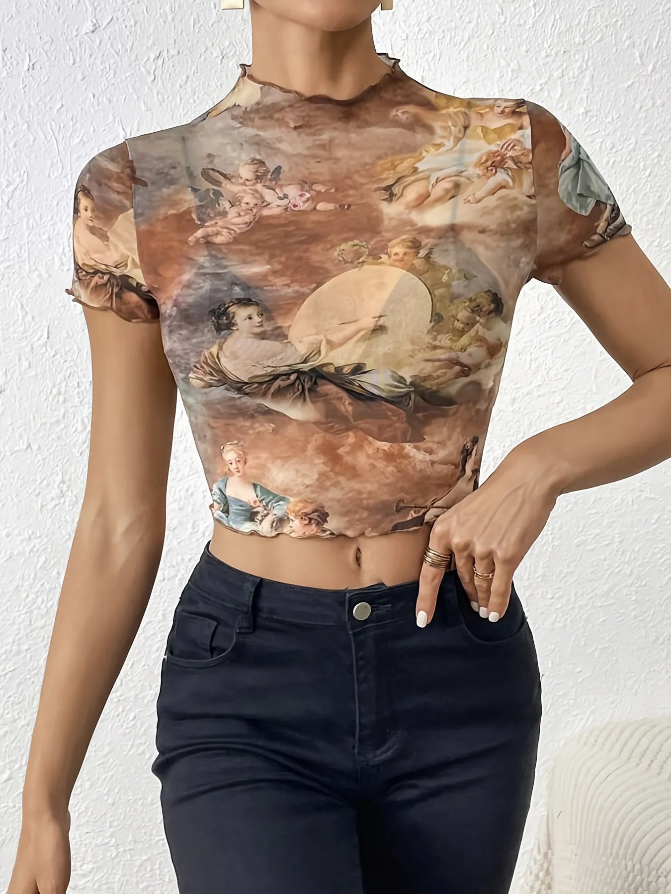 Abstract Print Ruffled Mock Neck Crop T-Shirt  Shop One Place