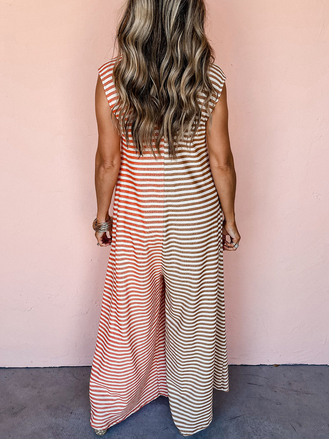 Striped Half Button Cap Sleeve Jumpsuit