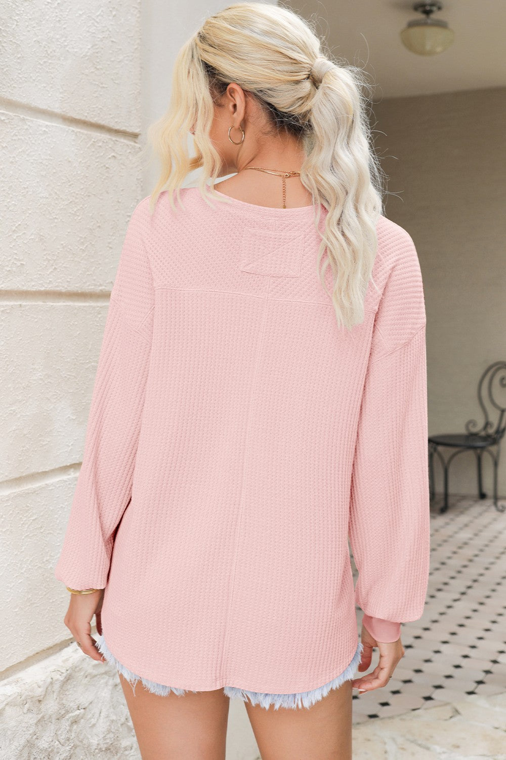 Waffle-Knit V-Neck Long Sleeve Top