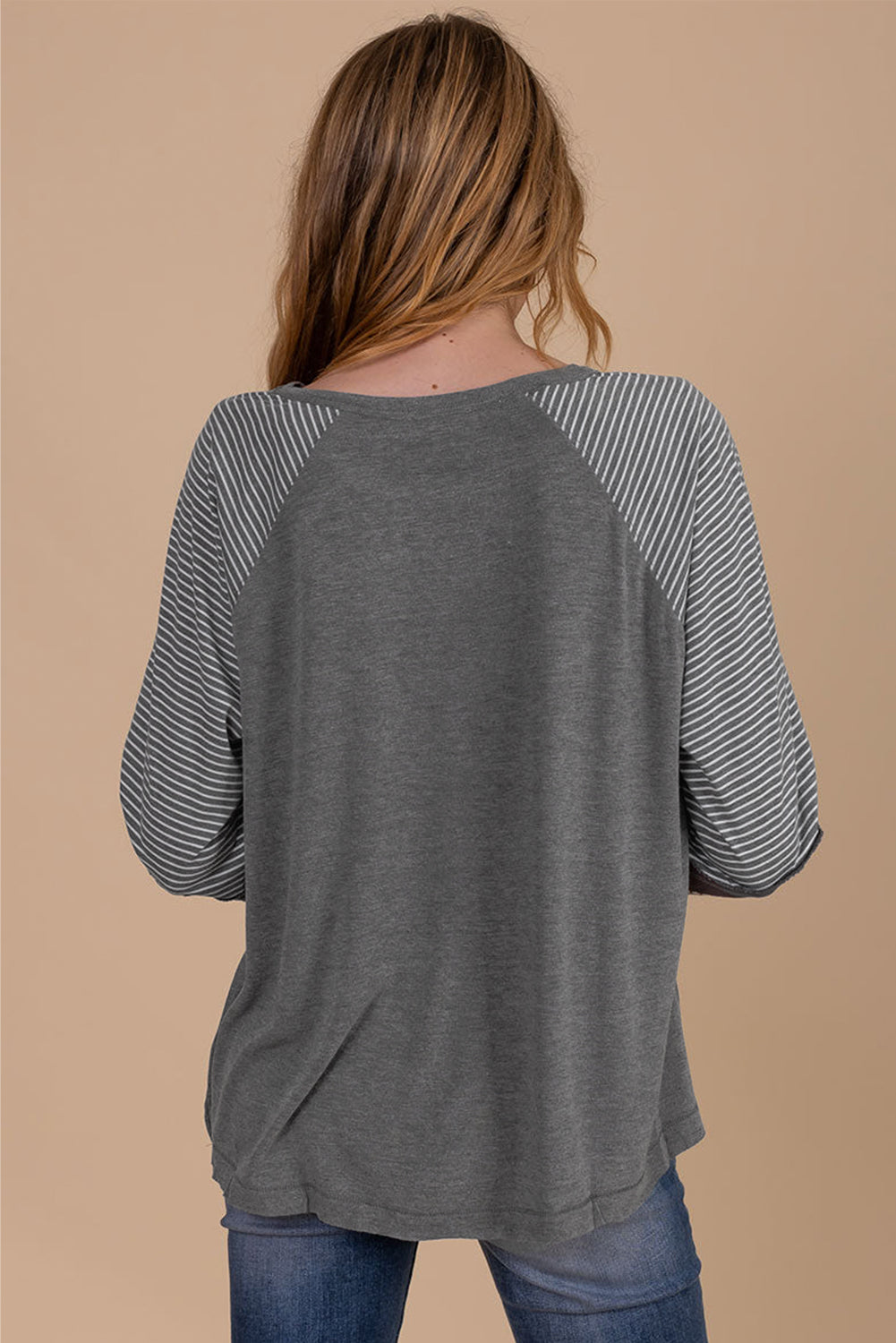 Gray Contrast Print Striped Raglan Long Sleeve Loose Top  Shop One Place
