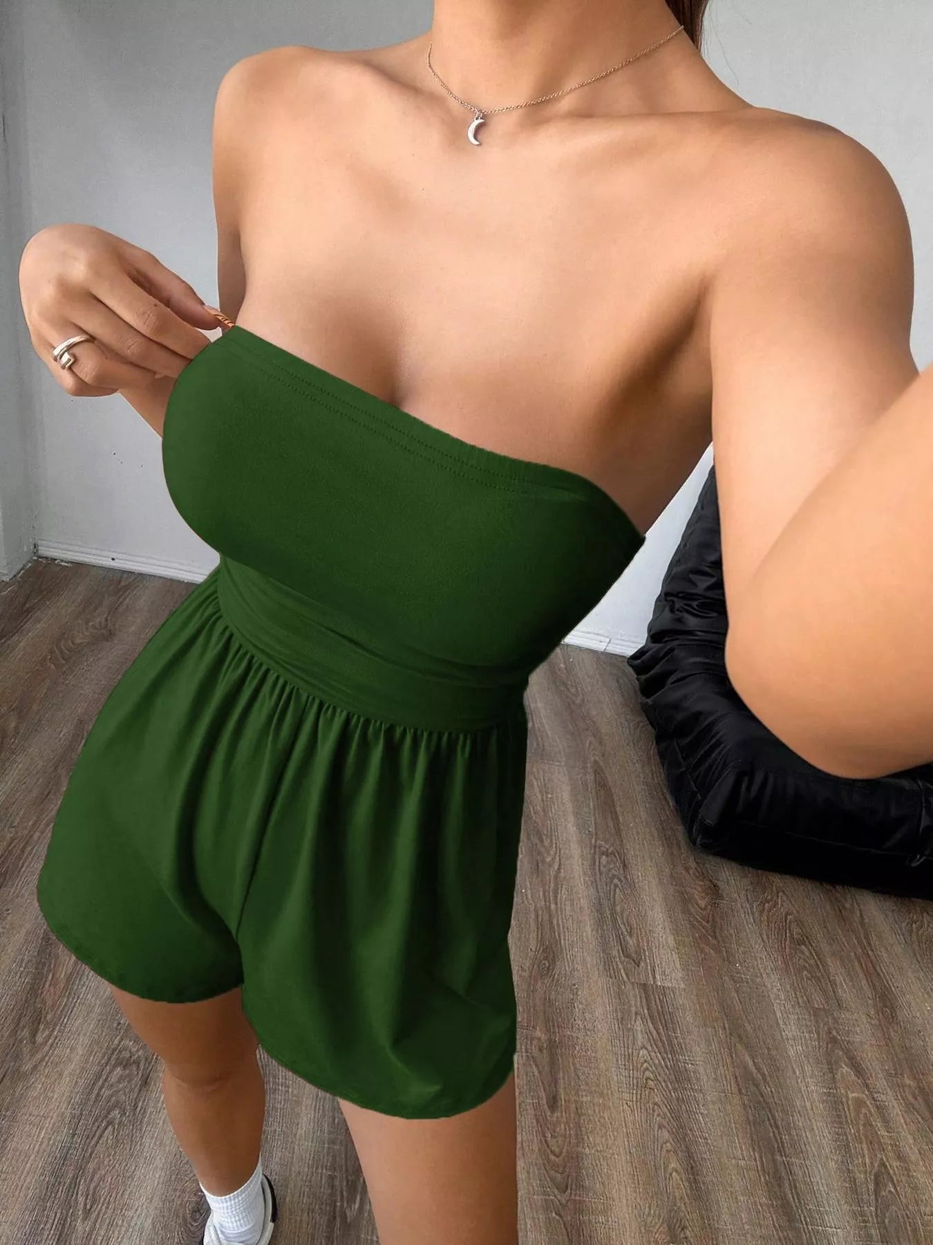 Strapless Ruched Waist Romper – Stretchy Cotton Blend Women’s Playsuit  Shop One Place