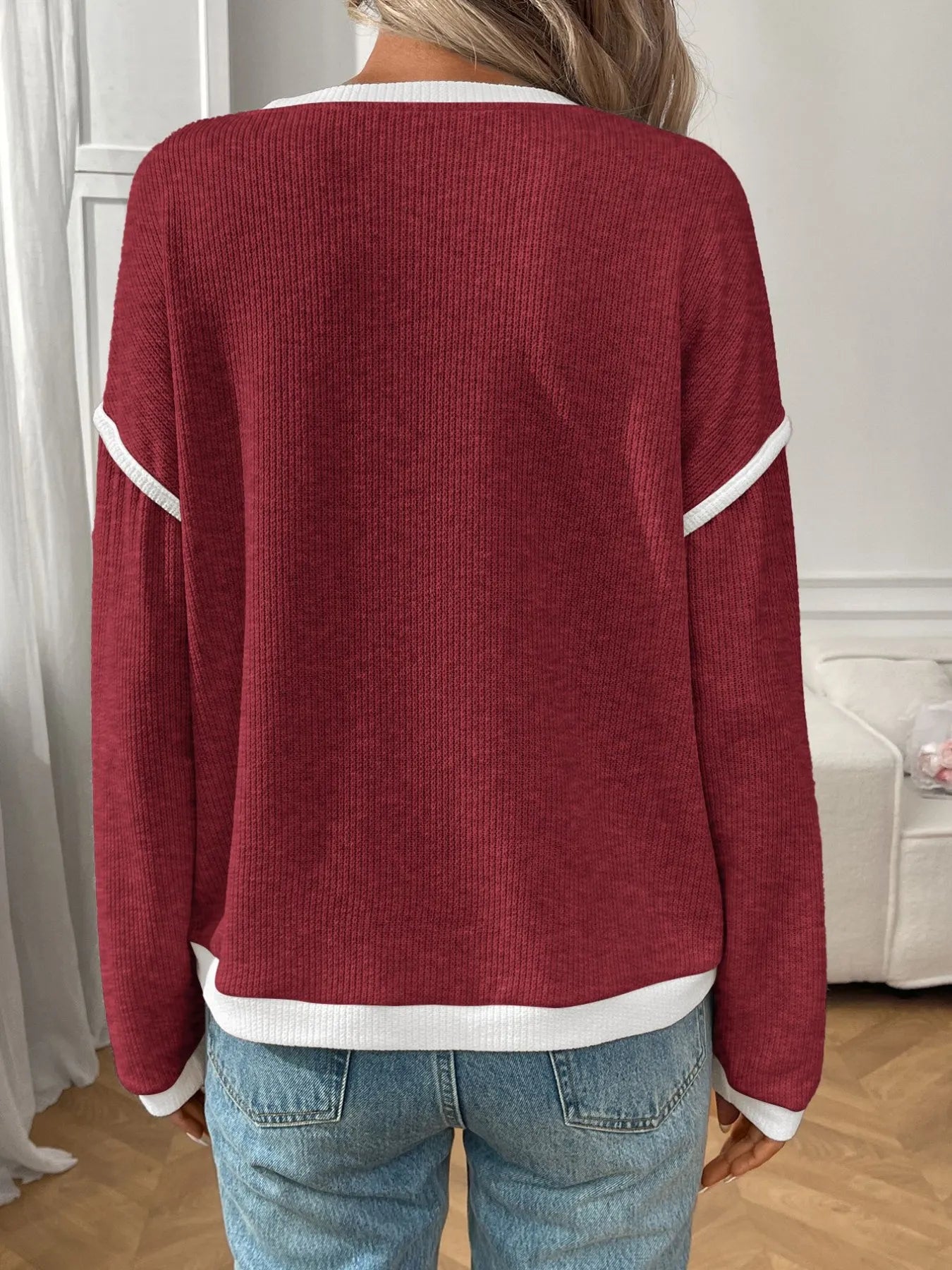 Ribbed Contrast Trim Long Sleeve Top  Shop One Place