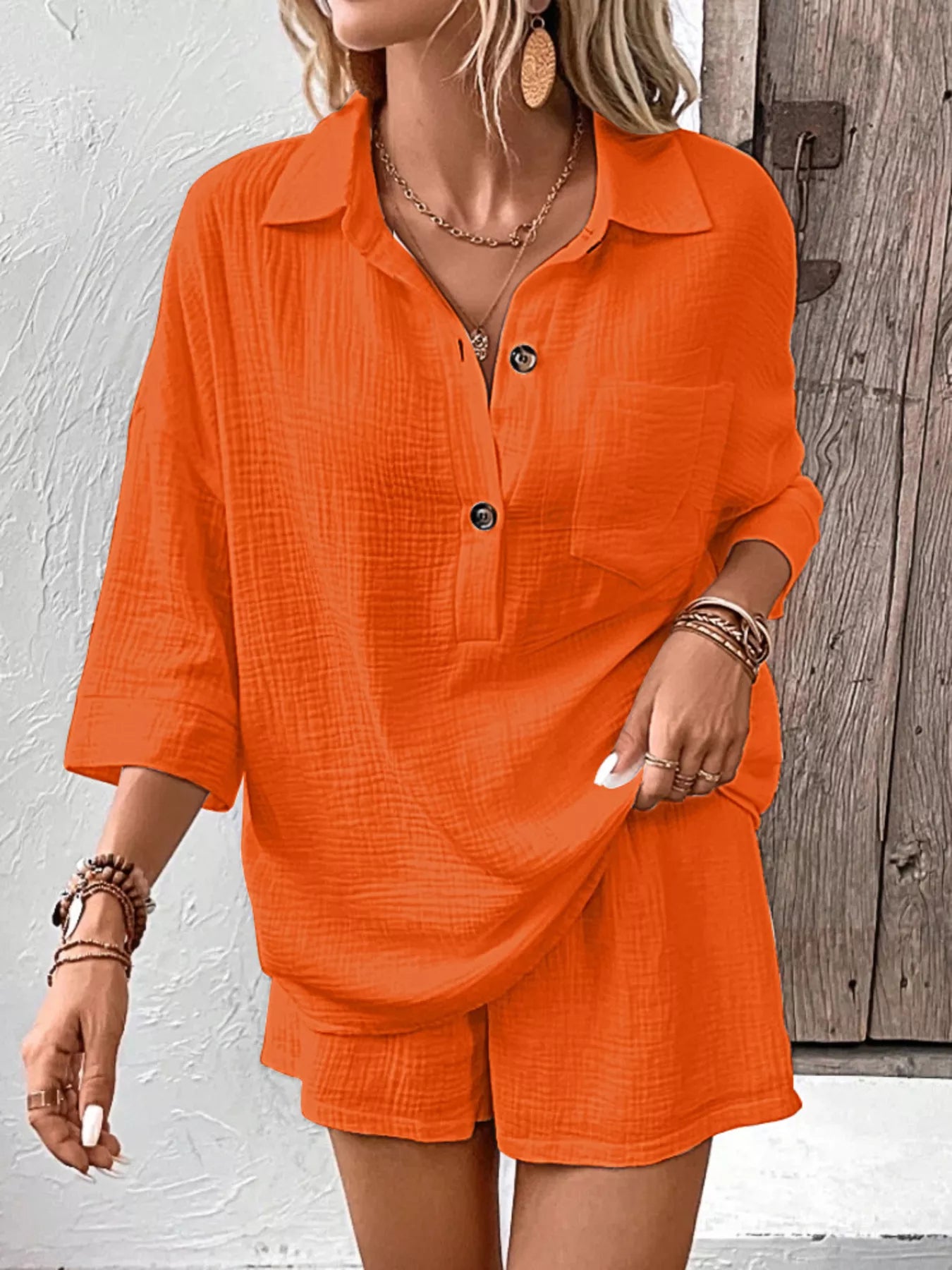 Button Detail Top and Shorts Set  Shop One Place